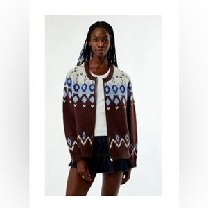 NWT Daisy St. Brown and Blue Zip Patterned Oversized Sweater - Small